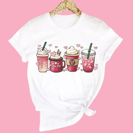 Baby Girls Short Sleeve Pink Coffee Cups Tee Shirts Tops