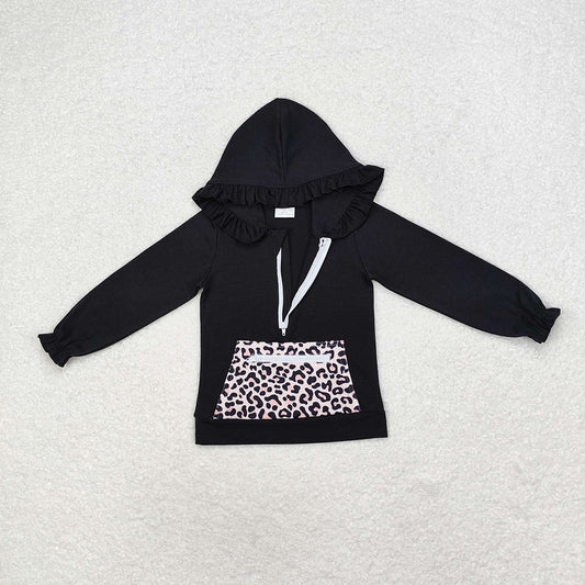 Baby Girls Black Ruffle Hooded Leopard Pocket Long Sleeve Tops