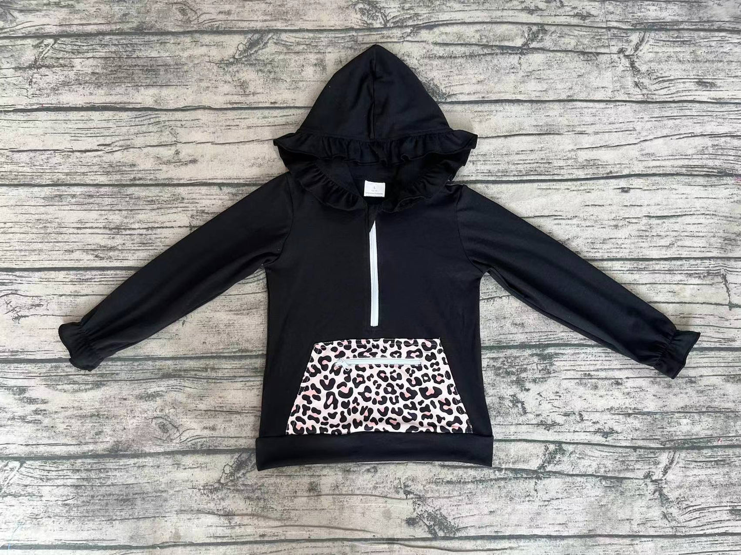 Baby Girls Black Ruffle Hooded Leopard Pocket Long Sleeve Tops