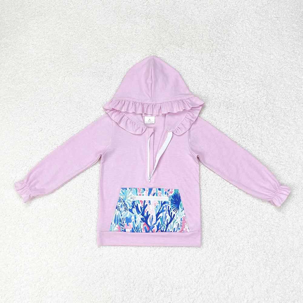 Baby Girls Lavender Ruffle Hooded Sea Weed Pocket Long Sleeve Tops