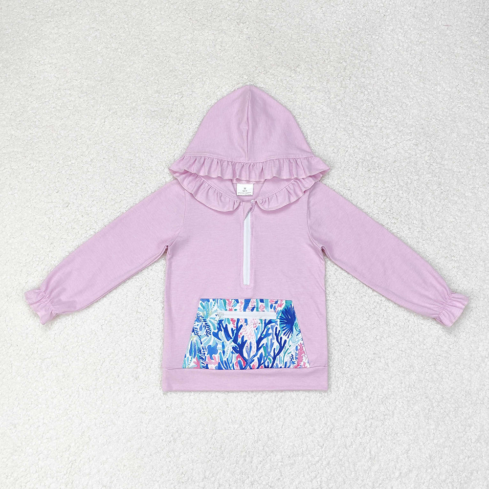 Baby Girls Lavender Ruffle Hooded Sea Weed Pocket Long Sleeve Tops