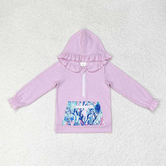 Baby Girls Lavender Ruffle Hooded Sea Weed Pocket Long Sleeve Tops