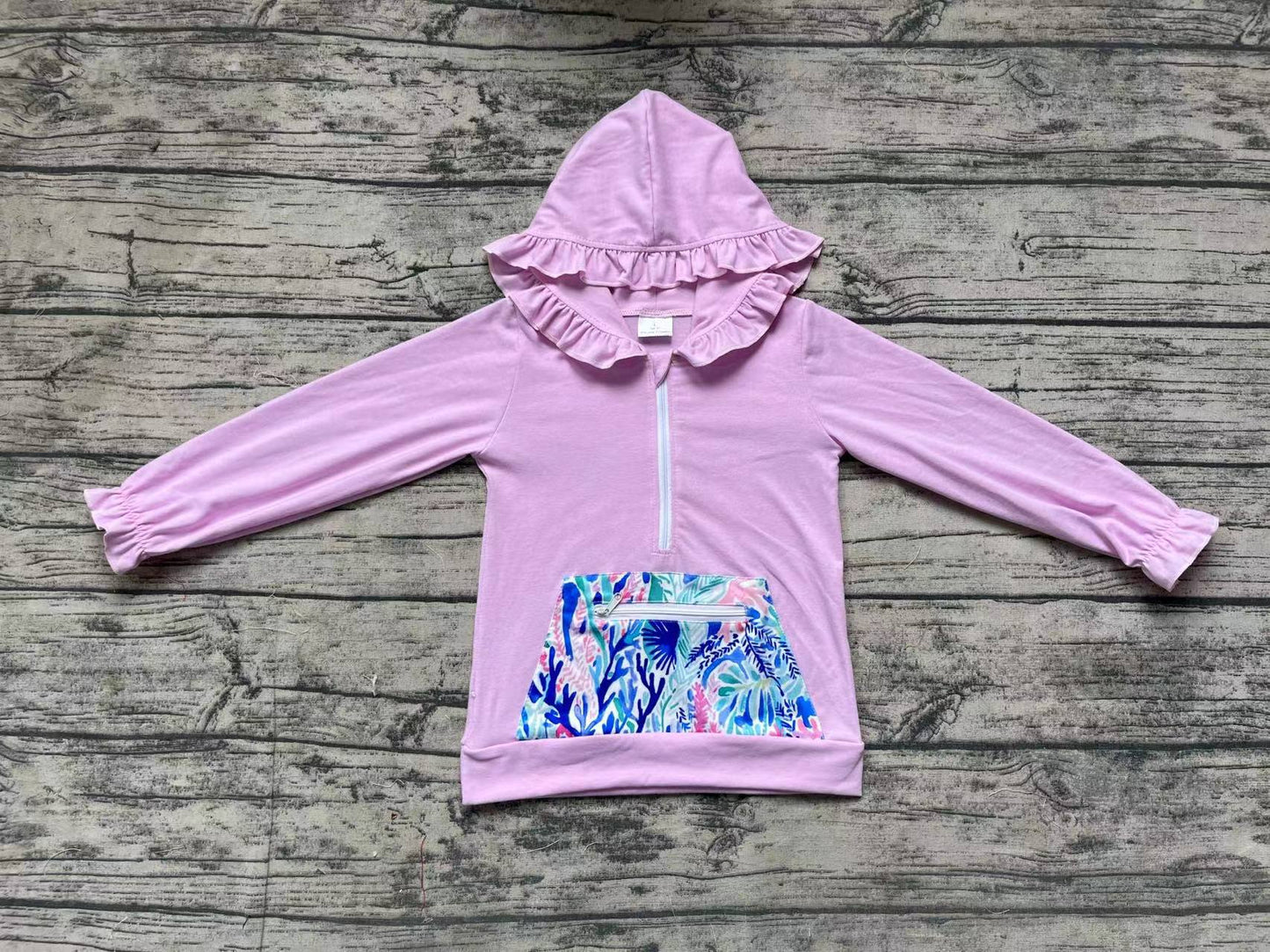 Baby Girls Lavender Ruffle Hooded Sea Weed Pocket Long Sleeve Tops