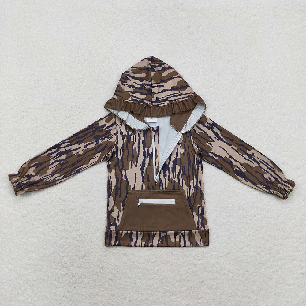 Baby Girls Green Camo Ruffle Hooded Zip Fall Pullovers Tops