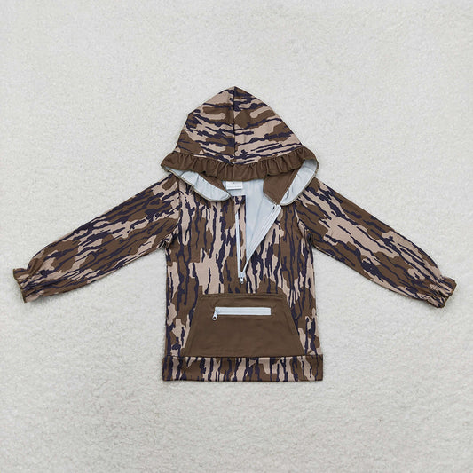 Baby Girls Green Camo Ruffle Hooded Zip Fall Pullovers Tops