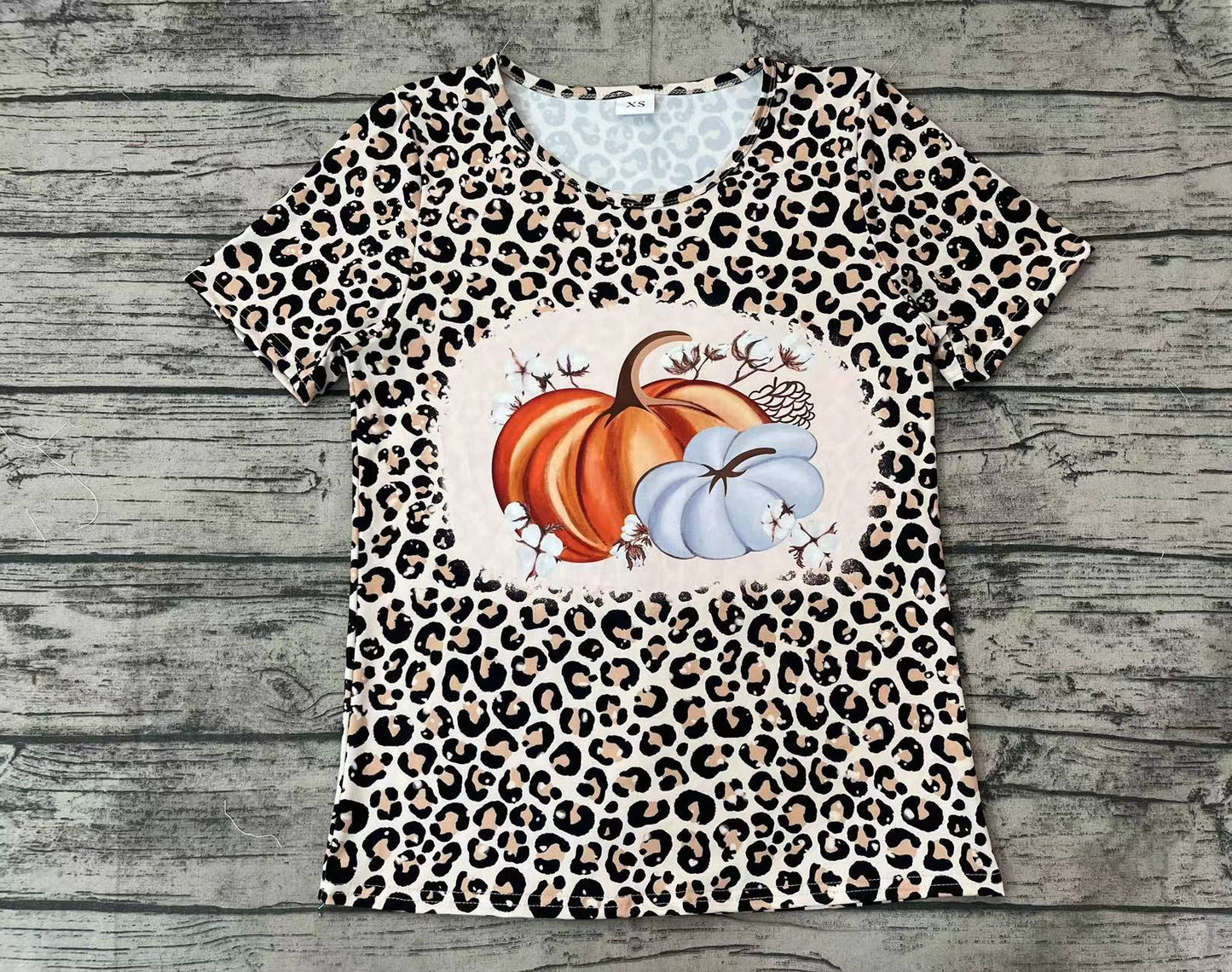 Adult Women Leopard Pumpkin Fall Short Sleeve Tee Shirts Tops