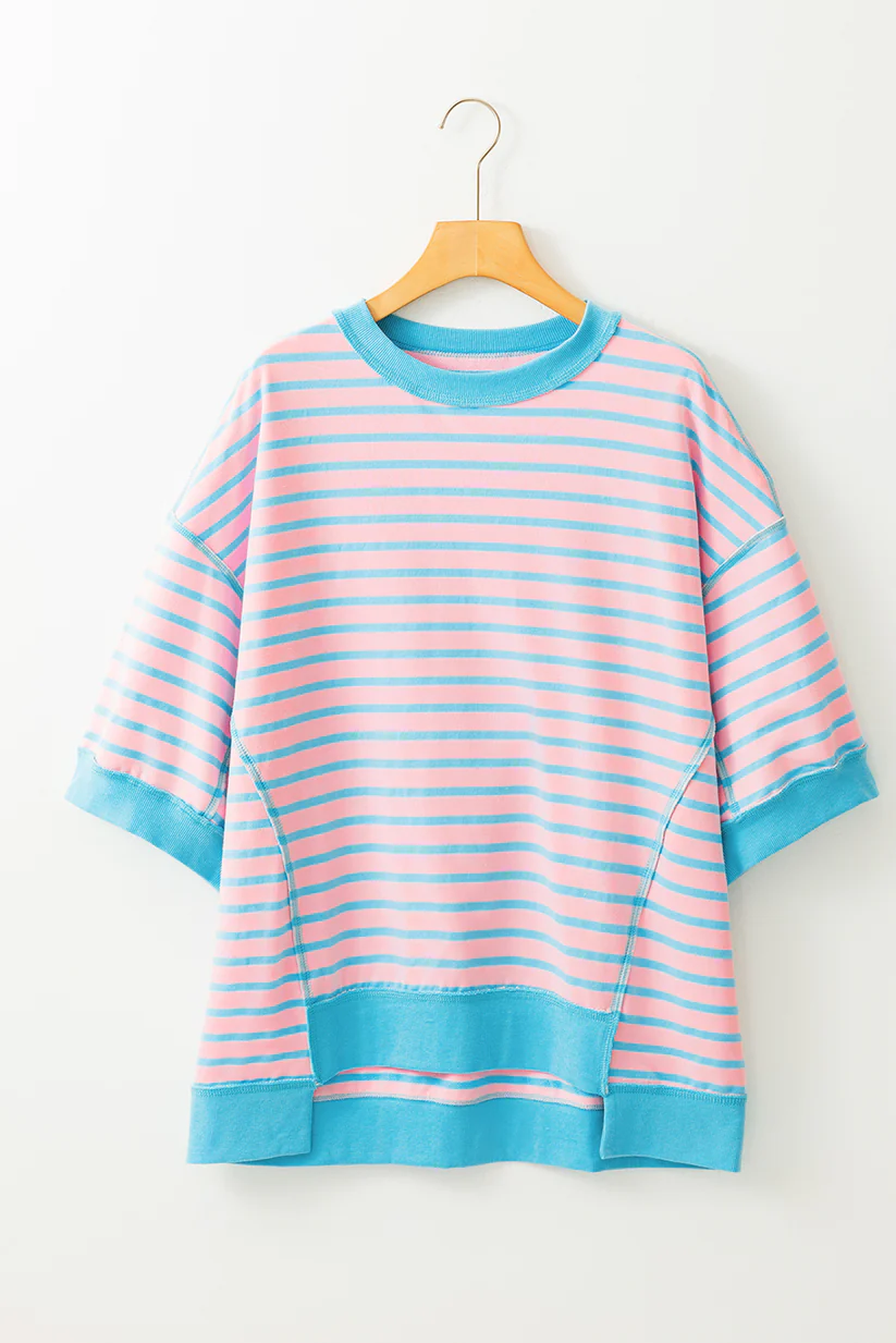 Adult Women Pink Blue Stripes Tee Shirts Tops Preorder