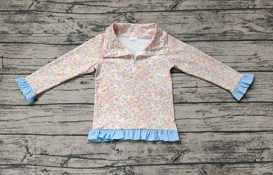 Baby Girls Blue Pink Flowers Zip Long Sleeve Pullovers Tops Preorder