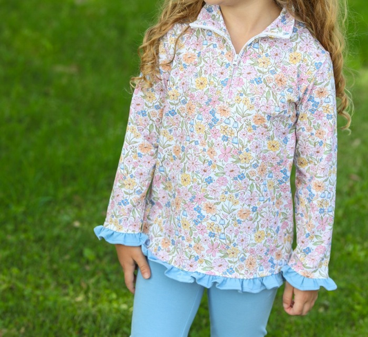 Baby Girls Blue Pink Flowers Zip Long Sleeve Pullovers Tops Preorder