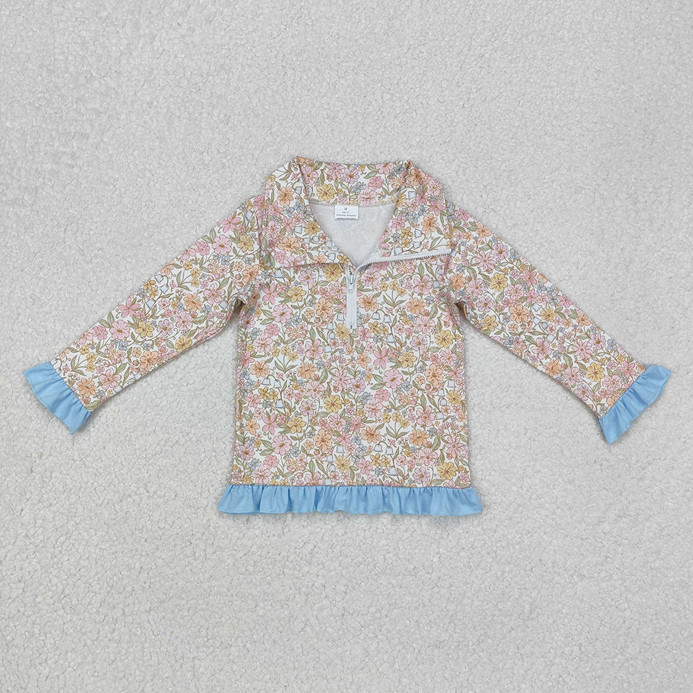 Baby Girls Blue Pink Flowers Zip Long Sleeve Pullovers Tops