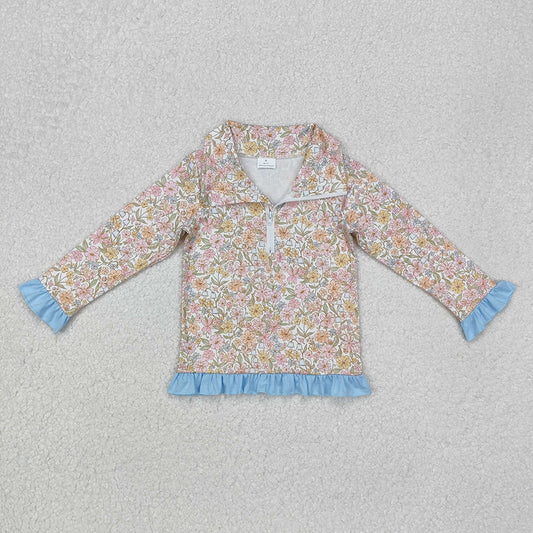 Baby Girls Blue Pink Flowers Zip Long Sleeve Pullovers Tops