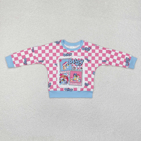 Baby Girls Christmas Blue Checkered Dog Long Sleeve Tee Shirts Tops