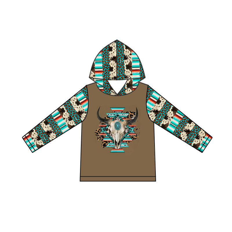 Baby Boys Western Aztec Cow Long Sleeve Hooded Tops Preorder