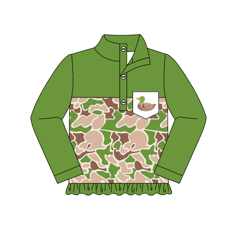 Baby Girls Green Camo Duck Ruffle Zip Pullovers Tops Preorder