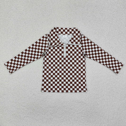 Baby Boys Brown Checkered Zip Pullovers Tops