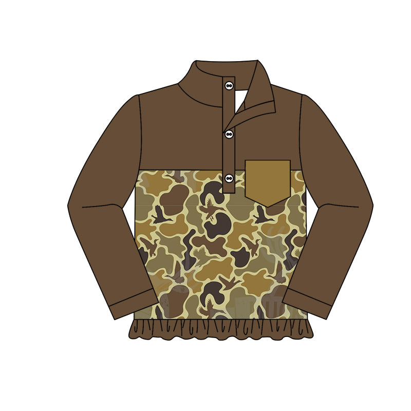 Baby Girls Dark Green Camo Ducks Buttons Pullovers Tops Preorder