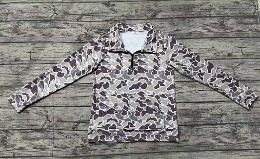 Adult Women Dark Grey Camo Long Sleeve Tee Shirts Zip Pullovers Tops