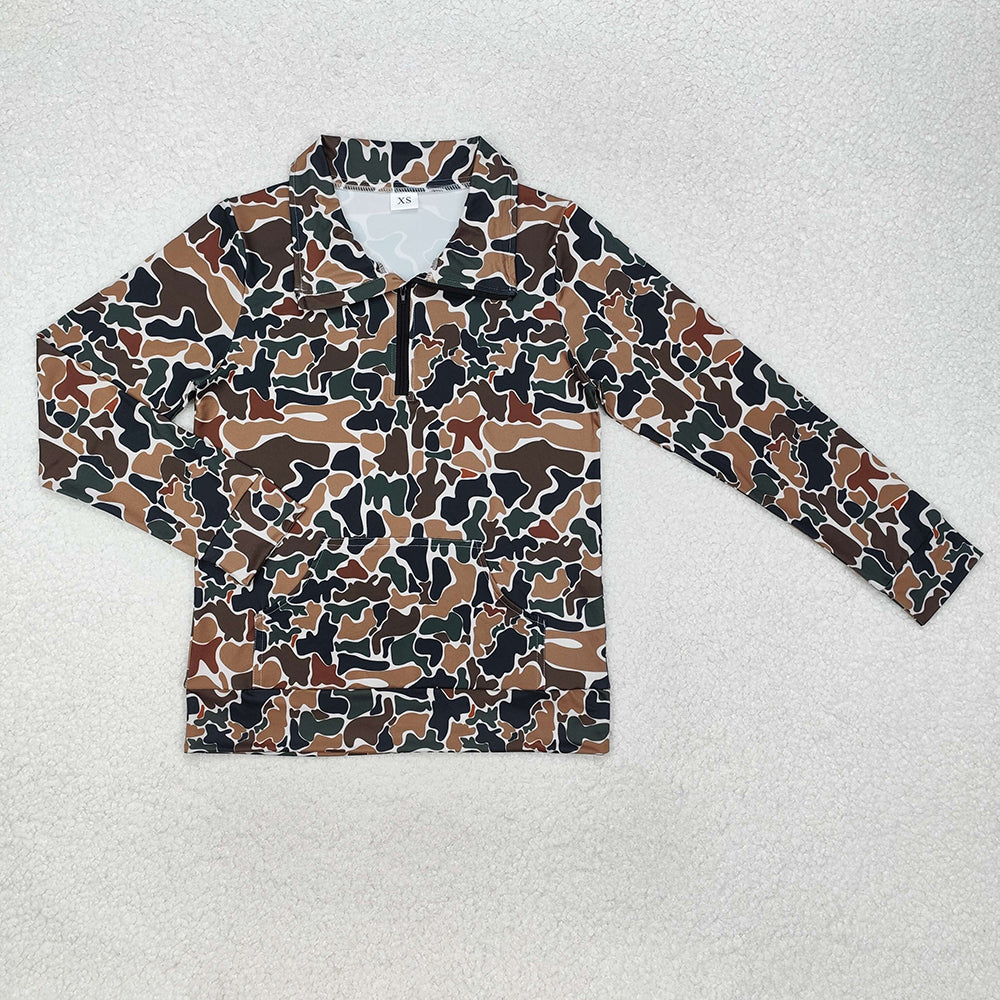 Mommy and Me Baby Boys Dark Brown Camo Zip Pocket Pullovers Tops