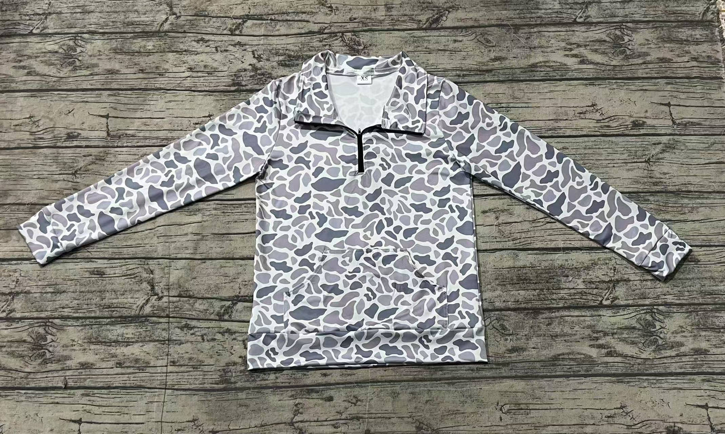 Adult Women Grey Camo Long Sleeve Tee Shirts Zip Pullovers Tops