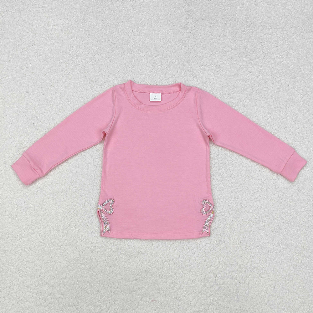 Baby Girls Pink Long Sleeve Bows Side Embroidery Tee Shirts Tops