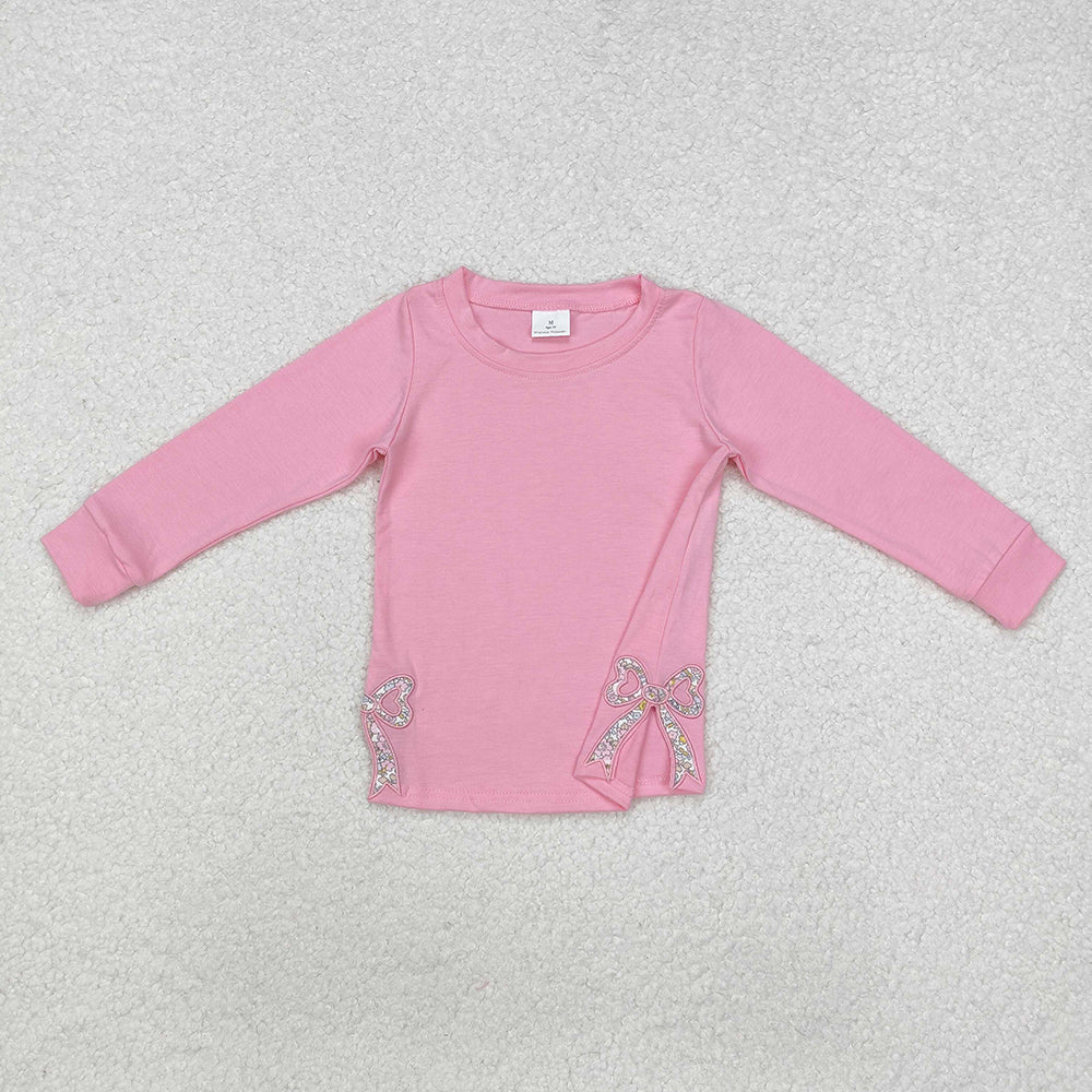 Baby Girls Pink Long Sleeve Bows Side Embroidery Tee Shirts Tops