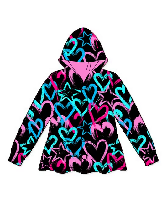 Baby Girls Valentines Black Hearts Hooded Buttons Jakets Tops Preorder