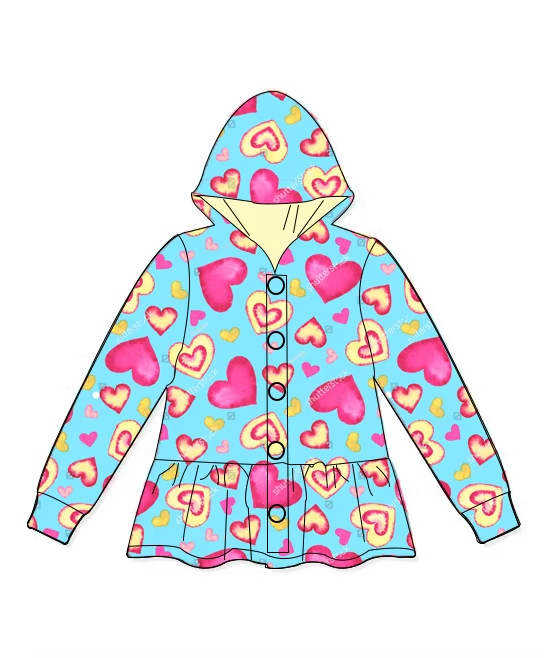 Baby Girls Valentines Blue Hearts Hooded Buttons Jakets Tops Preorder