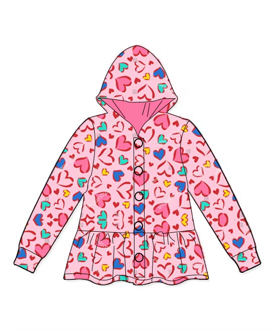 Baby Girls Valentines Pink Hearts Hooded Buttons Jakets Tops Preorder