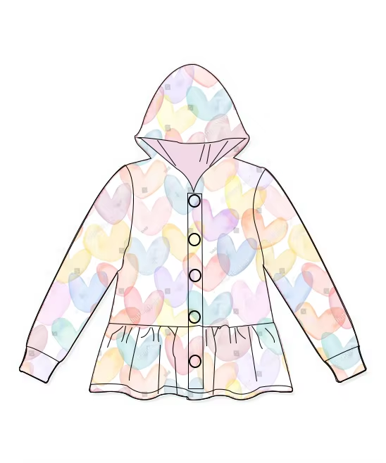 Baby Girls Valentines Colorful Hearts Hooded Buttons Jakets Tops Preorder