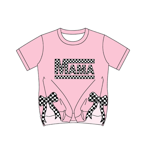 Adult Women Mama Checkered Bows Short Sleeve Tee Shirts Tops Preorder