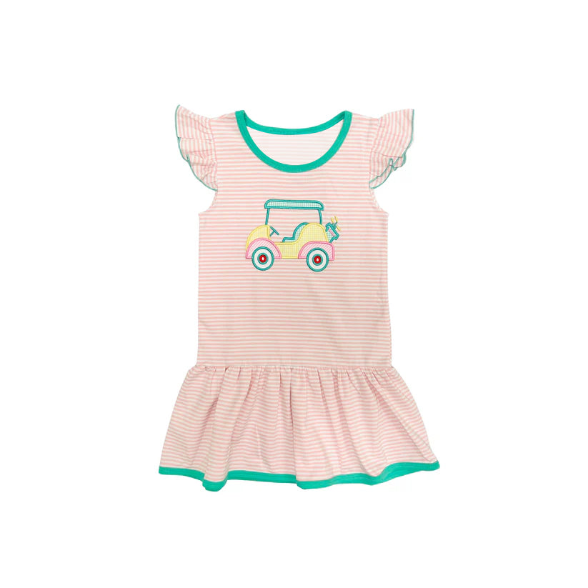 Preorder moq 5 Baby Girls Pink Stripe Golf Cart Knee Length Dresses