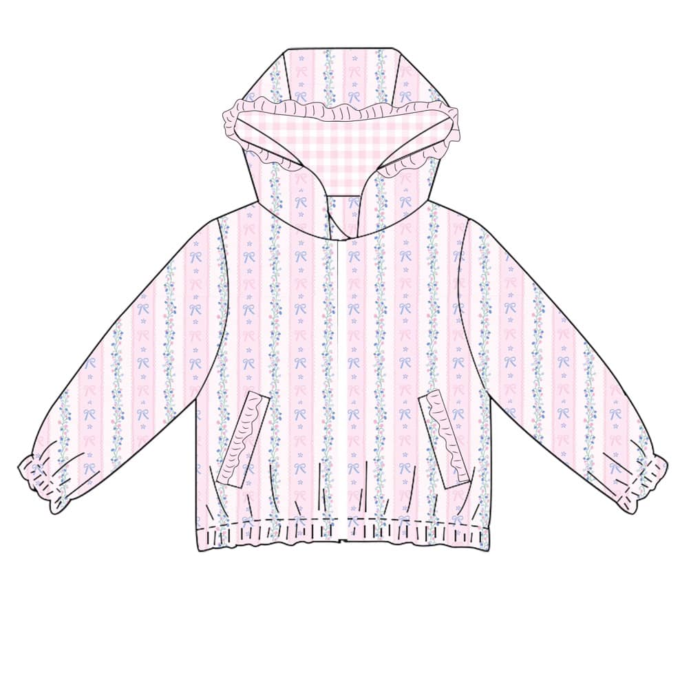 Baby Girls Pink Long Ruffle Sleeves Floral Stripe Pockets Hoodies Top Preorder