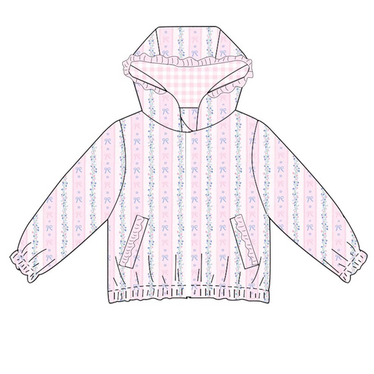 Baby Girls Pink Long Ruffle Sleeves Floral Stripe Pockets Hoodies Top Preorder