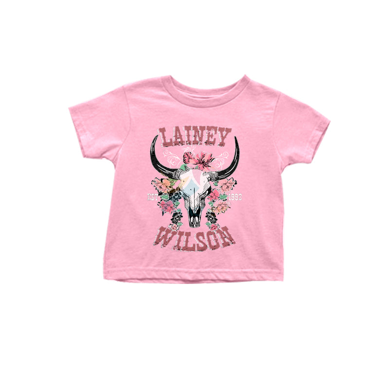 Preorder moq 5 Baby Girls Pink Short Sleeves Flowers Bull Skull Tee Shirts Top