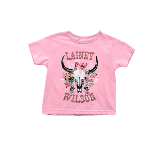 Preorder moq 5 Baby Girls Pink Short Sleeves Flowers Bull Skull Tee Shirts Top