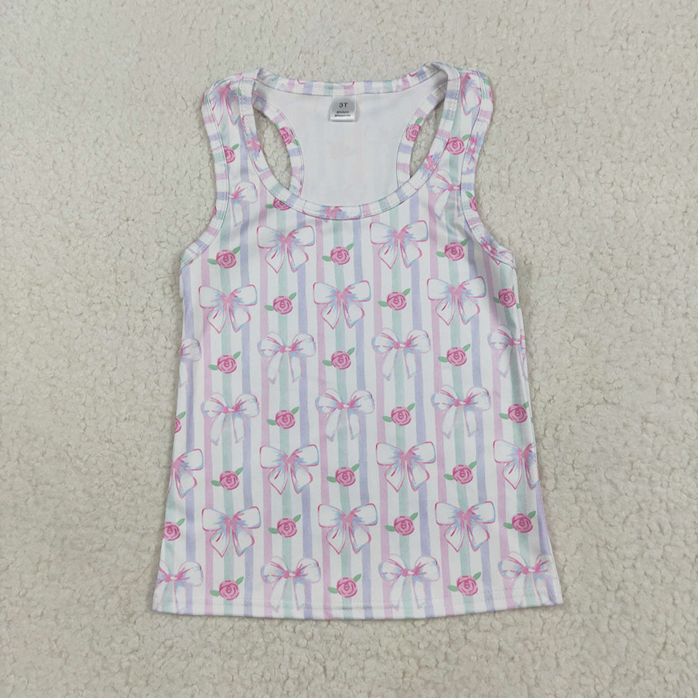 Baby Girls Sleeveless Lavender Bows Flowers Stripe Yoga Shirts Tops