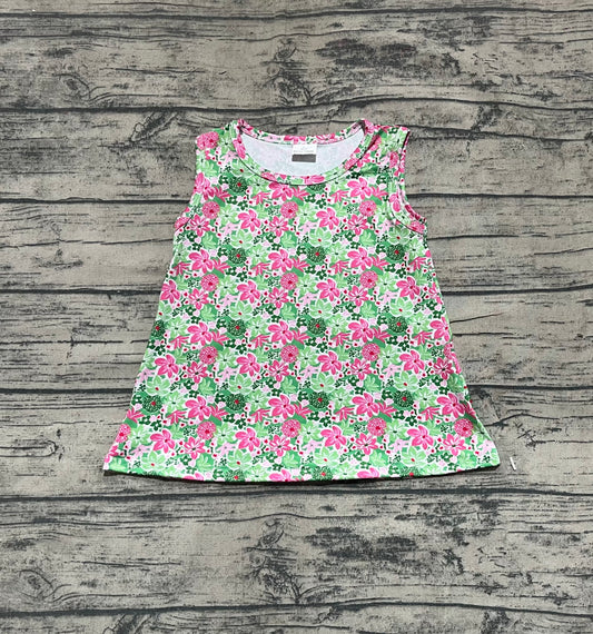 Baby Girls Sleeveless Green Pink Floral Yoga Shirts Tops