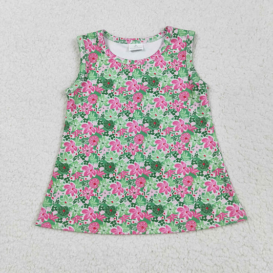 Baby Girls Sleeveless Green Pink Floral Yoga Shirts Tops