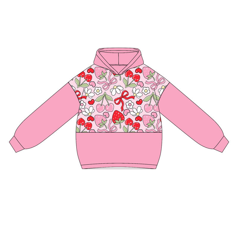 Preorder moq 5 Baby Girls Pink Long Sleeves Bows Strawberry Flowers Hoodies Top