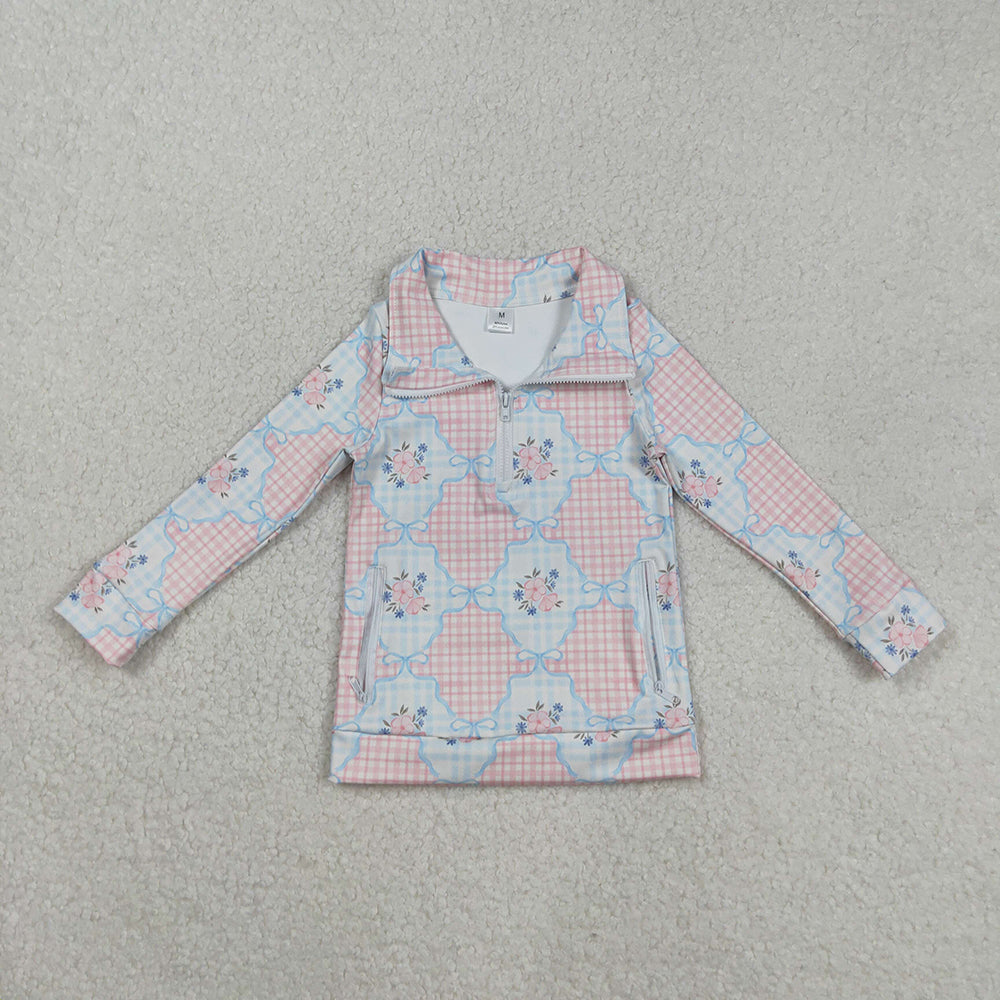 Baby Girls Pink Flowers Plaid Pockets Zipper Yoga Active Pullovers Top