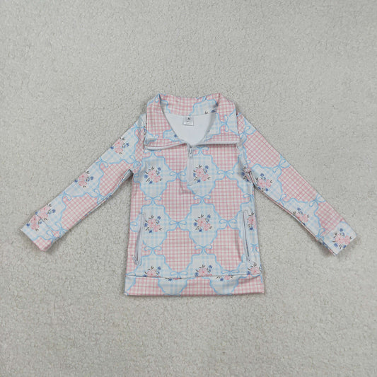 Baby Girls Pink Flowers Plaid Pockets Zipper Yoga Active Pullovers Top