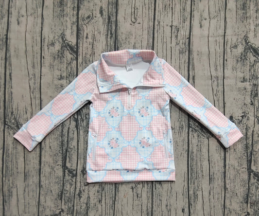 Baby Girls Pink Flowers Plaid Pockets Zipper Yoga Active Pullovers Top