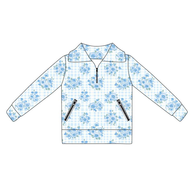 Baby Girls Long Sleeves Blue Flowers Plaid Pockets Zipper Yoga Jackets Preorder