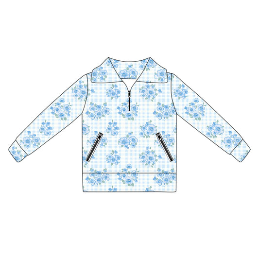 Baby Girls Long Sleeves Blue Flowers Plaid Pockets Zipper Yoga Jackets Preorder
