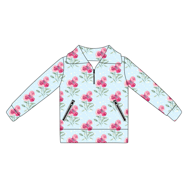 Baby Girls Long Sleeves Pink Flowers Plaid Pockets Zipper Yoga Jackets Preorder