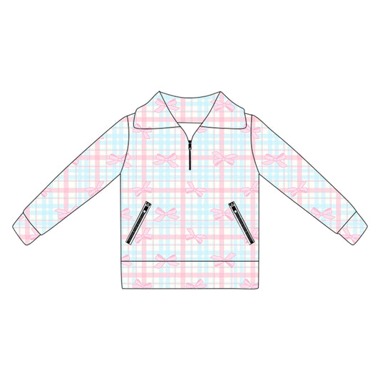 Baby Girls Long Sleeves Pink Bows Plaid Pockets Zipper Yoga Jackets Preorder
