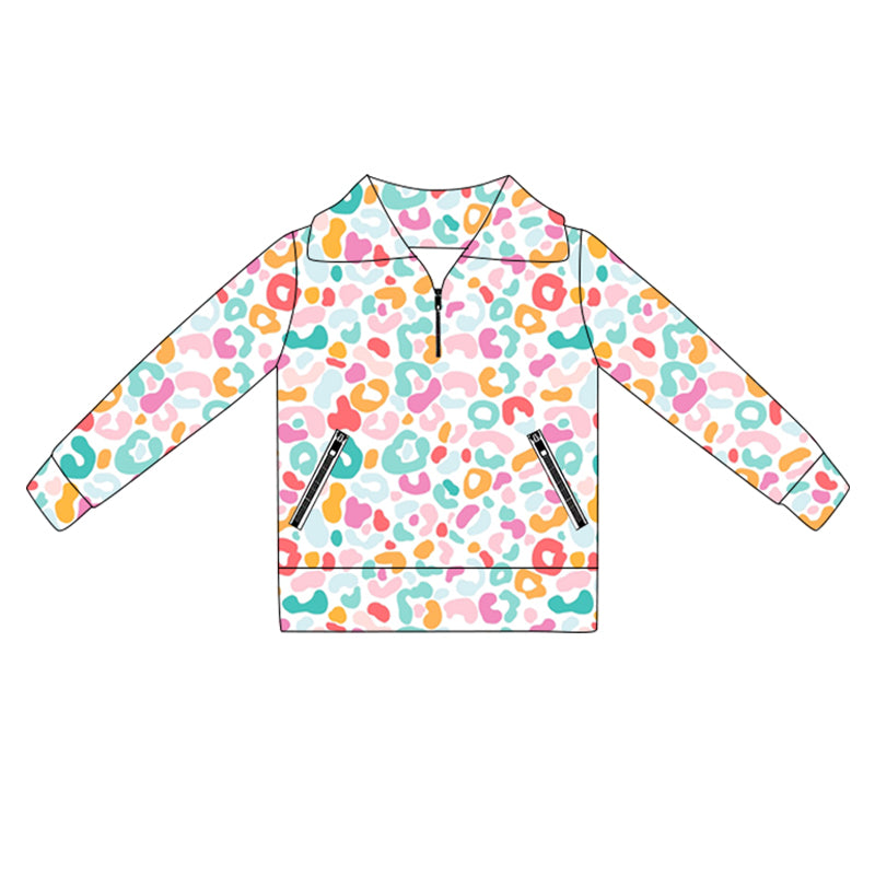 Baby Girls Long Sleeves Pink Blue Leopard Pockets Zipper Yoga Jackets Preorder
