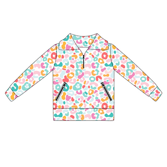 Baby Girls Long Sleeves Pink Blue Leopard Pockets Zipper Yoga Jackets Preorder