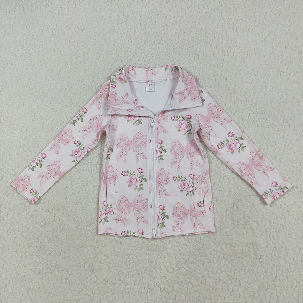 Baby Girls Long Sleeves Pink Floral Bows Zipper Pockets Yoga Jacket Top