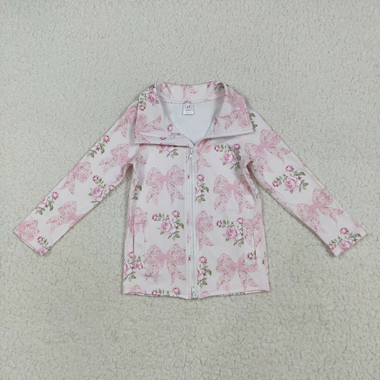 Baby Girls Long Sleeves Pink Floral Bows Zipper Pockets Yoga Jacket Top